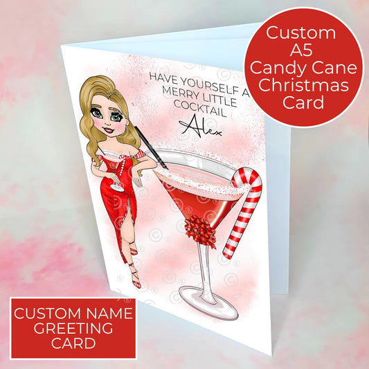 Personalised Friend Candy Cane Cocktail Themed Christmas Card, A5 Have Yourself A Merry Little Cocktail Bestie Xmas Card From A Neighbour #CC