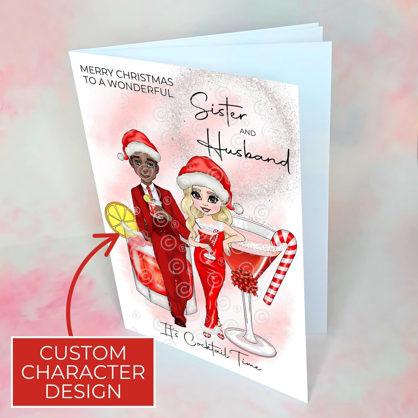 Personalised Sister And Husband A5 Candy Cane Cocktail Theme Christmas Card, Santa Outfit Married Couple Christmas Wish Luxury 300GSM Card #CC
