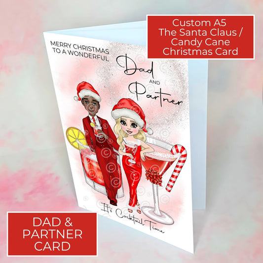 Personalised A5 Dad And Partner Candy Cane Cocktail Christmas Card, Christmas Wishes For Parents From A Son Or Daughter, Festive Cocktail #CC