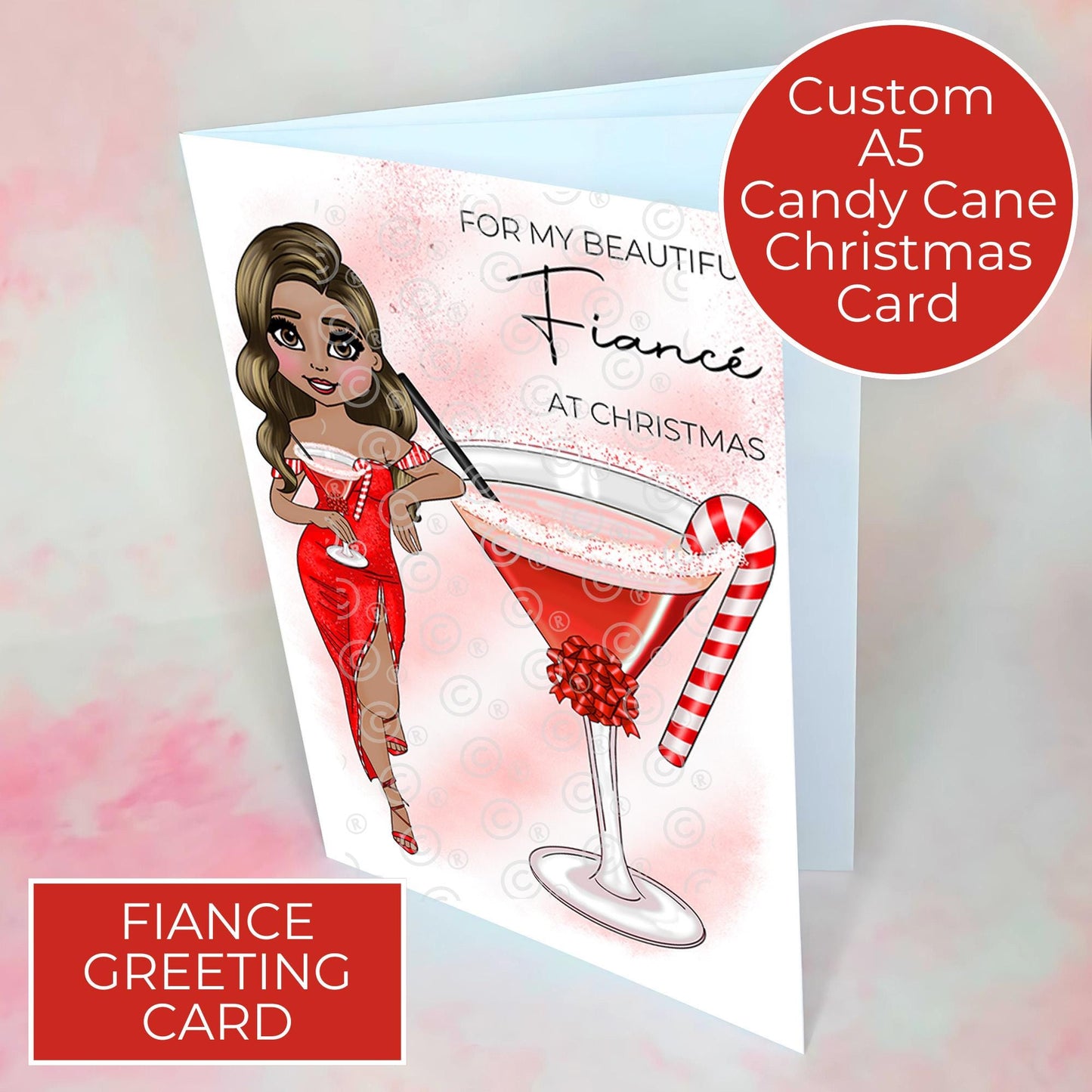 Personalised Fiancée Candy Cane Cocktail Christmas Card, Custom Character Card For My Beautiful Fiancé At Christmas A5 Festive Hammered Card From Fiancé #CC