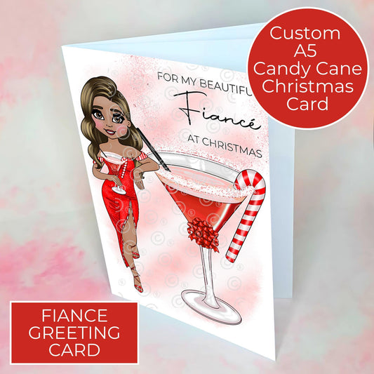 Personalised Fiancée Candy Cane Cocktail Christmas Card, Custom Character Card For My Beautiful Fiancé At Christmas A5 Festive Hammered Card From Fiancé #CC