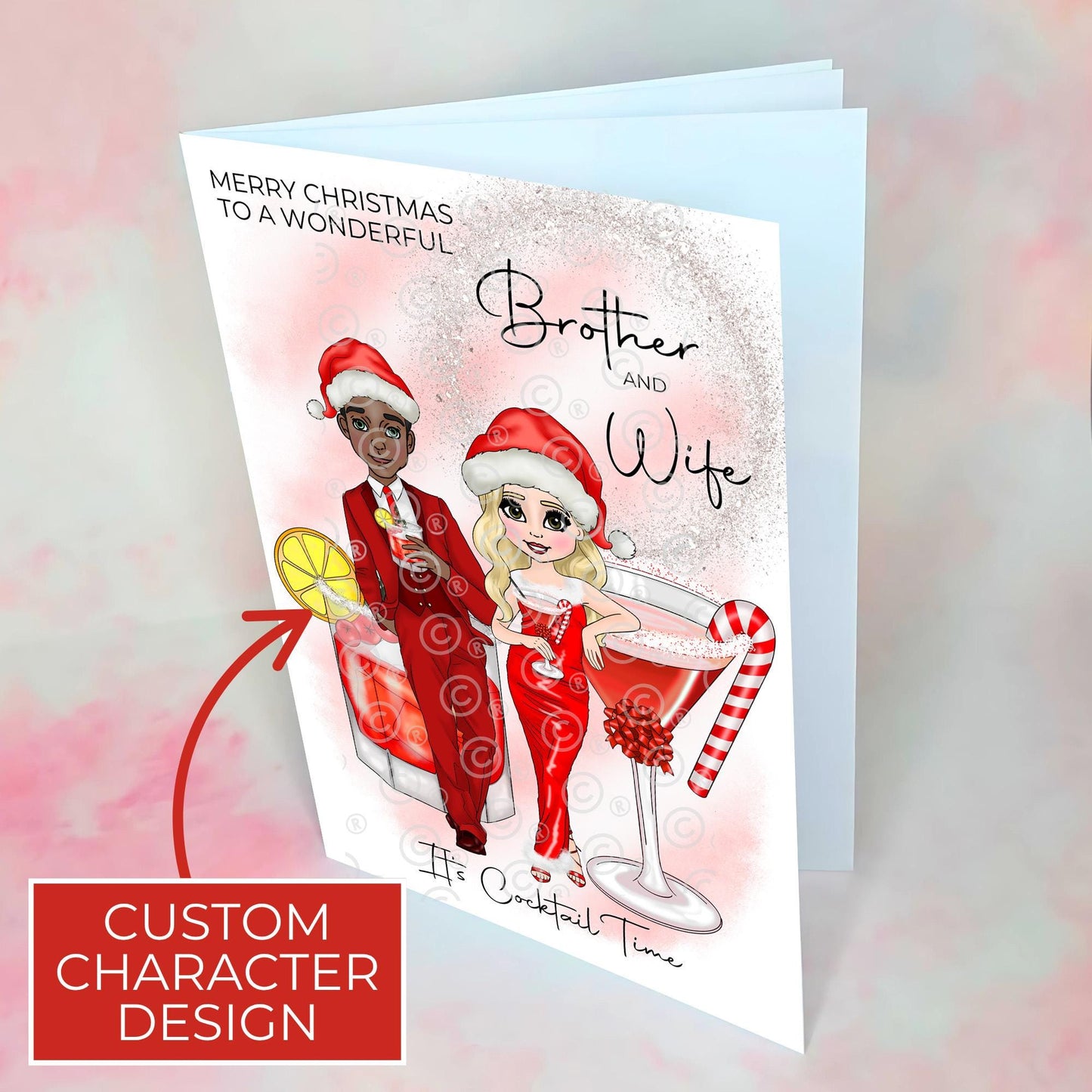 Personalised Brother And Wife A5 Candy Cane Cocktail Themed Christmas Card, Santa Outfit Married Couple Christmas Wishes, Luxury 300GSM Card #CC