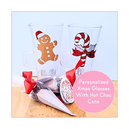 Personalized Christmas Hot Chocolate Glass, Custom Name Mug with Premium Glitter Vinyl, Includes Hot Chocolate Cone, Festive Holiday Gift CG