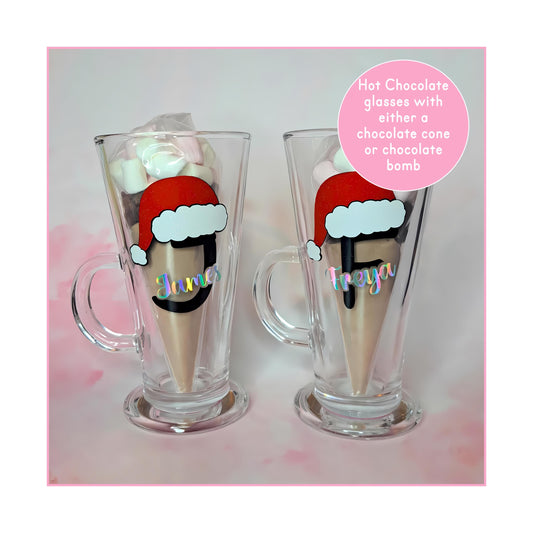 Personalized Monogram Christmas Hot Chocolate Glass, Custom Initial And Name With Antlers or Santa Hat In Glitter Vinyl, Hot Chocolate Cone #CG