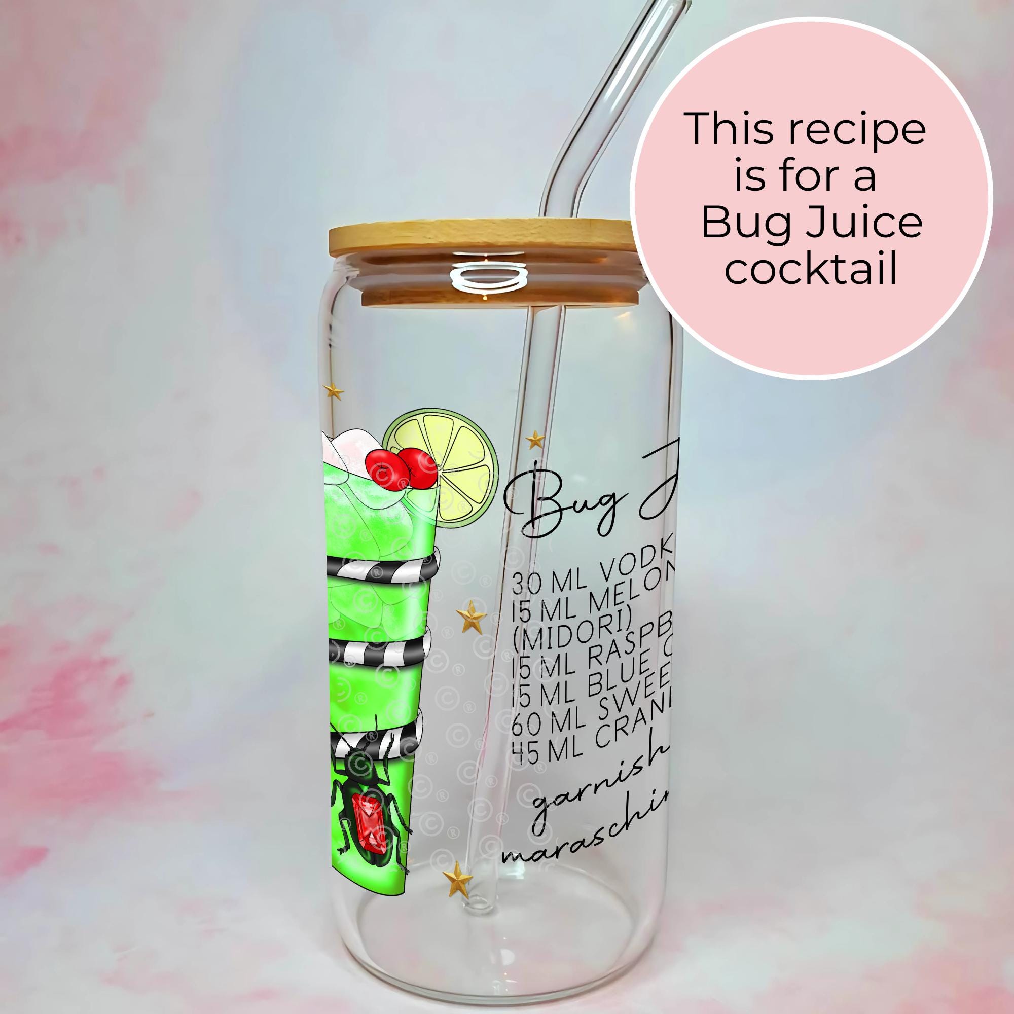 16oz Bug Juice Cocktail Recipe Glass – Clear Tumbler with Bamboo Lid #CL