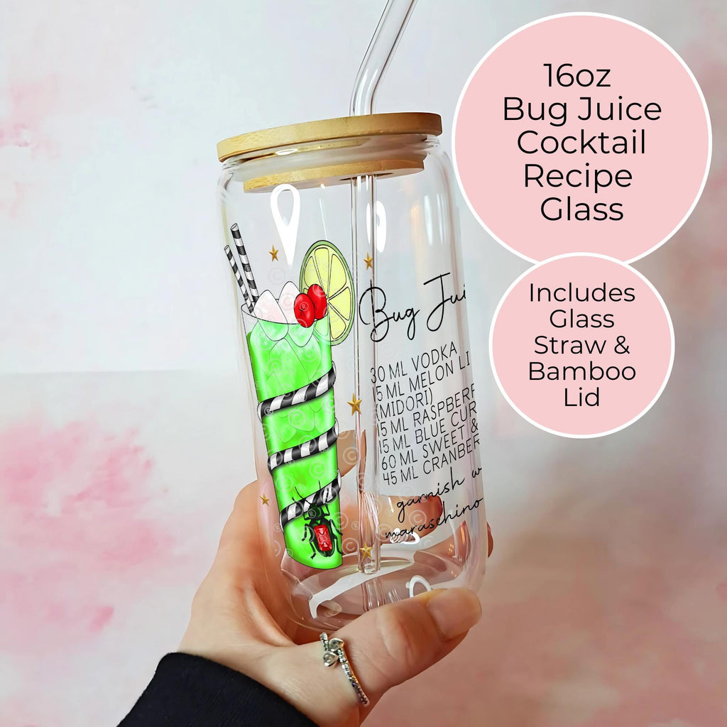 16oz Bug Juice Cocktail Recipe Glass – Clear Tumbler with Bamboo Lid #CL