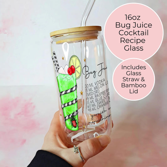 Bug Juice 16oz UV DTF Libby Glass Cocktail Recipe Drinkware, Halloween Party Drinkware Gift For Her, Funny Camp Juice Glass Tumbler Gift #HG #CL