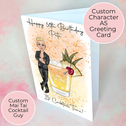 Personalised A5 Mai Tai Cocktail Themed Birthday Card For Him, Character Birthday Greeting Card For His Milestone Birthday, Rum Cocktail #G2