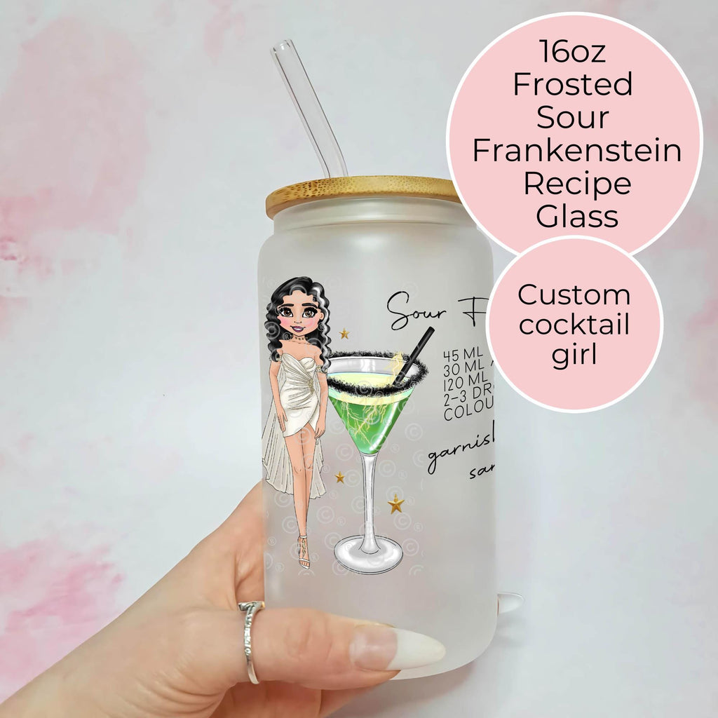 Sour Frankenstein Cocktail Girl 16oz Frosted Libby Glass – Personalised Recipe Glass #FL