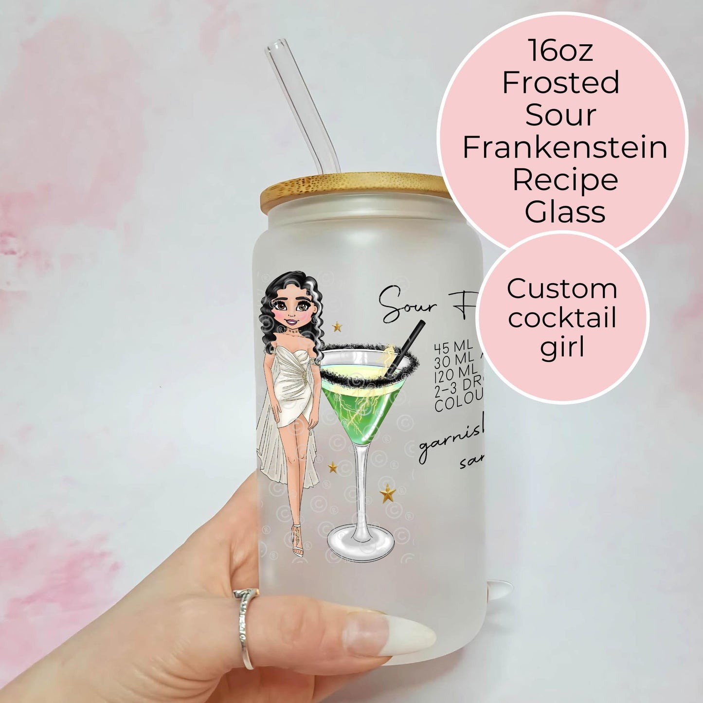 Sour Frankenstein 16oz Frosted Cocktail Recipe Glass, Halloween Themed Cocktail Party Glassware Gift For Her, Custom Character Fancy Dress #HG #FL