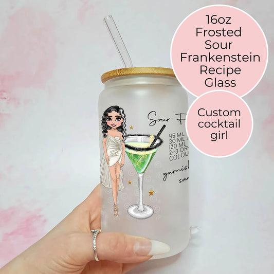 Sour Frankenstein 16oz Frosted Cocktail Recipe Glass, Halloween Themed Cocktail Party Glassware Gift For Her, Custom Character Fancy Dress #HG #FL