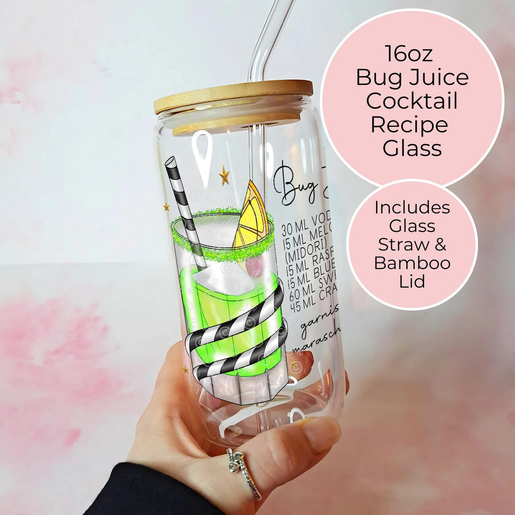 16oz Bug Juice Cocktail Recipe Glass – Clear Tumbler with Bamboo Lid #CL