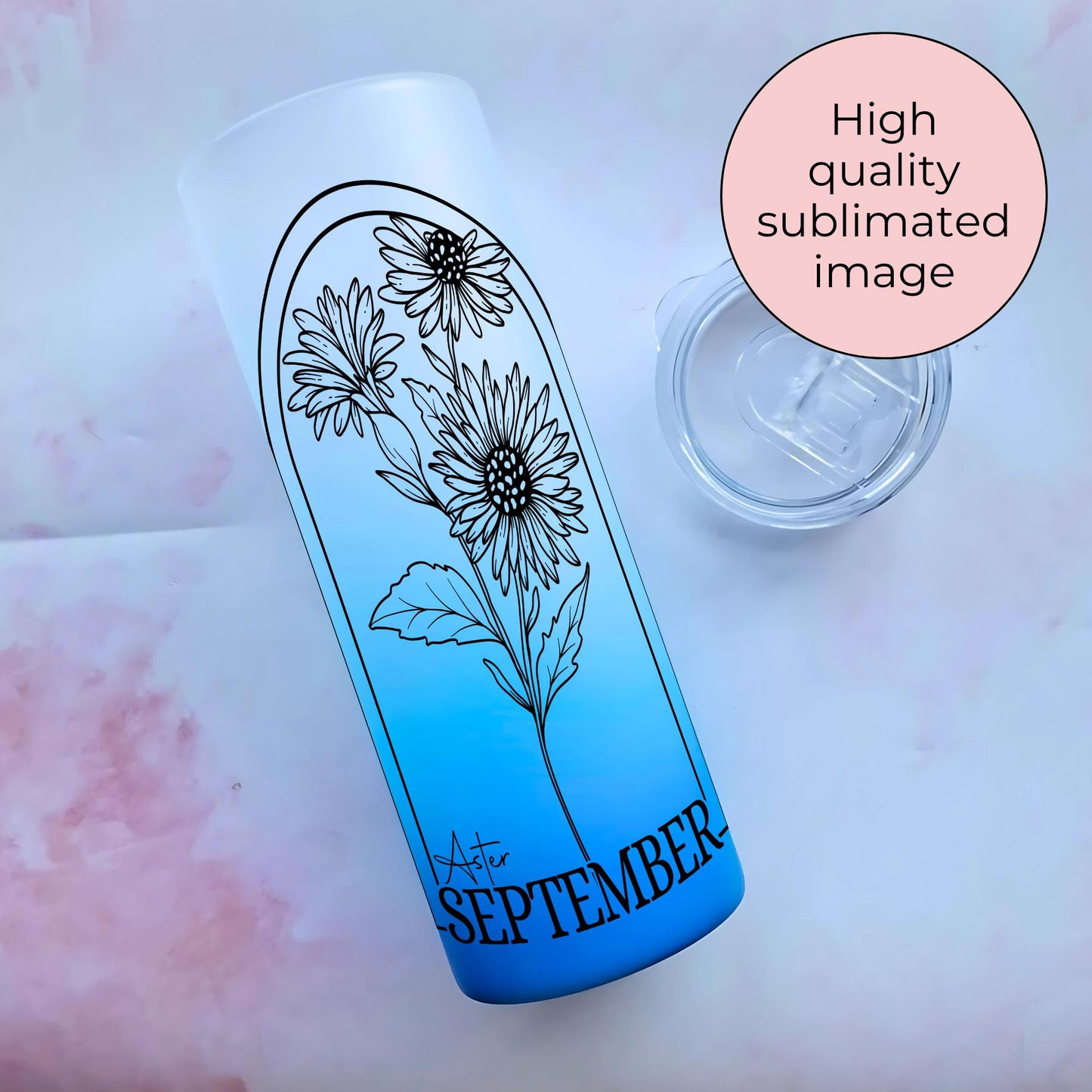 20oz Ombre September Aster Birth Flower Tumbler, Aster Ombre Glass Cup with Monochrome Line Art Floral Design, Personalised Birthday Gift #BF