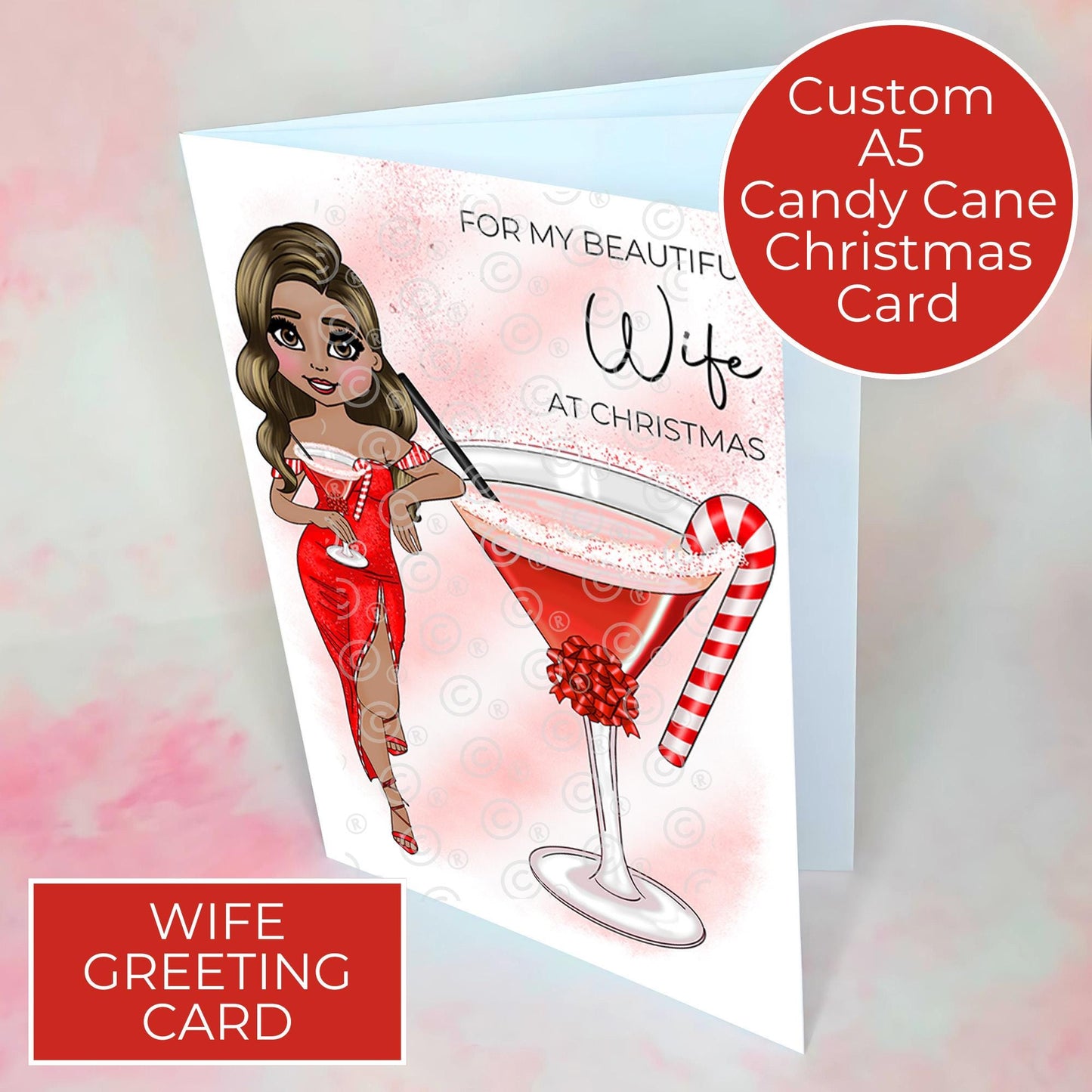 Personalised Candy Cane Cocktail Christmas Card For Beautiful Wife, Christmas Card From Husband, Luxury Cocktail Card With Custom Character #CC