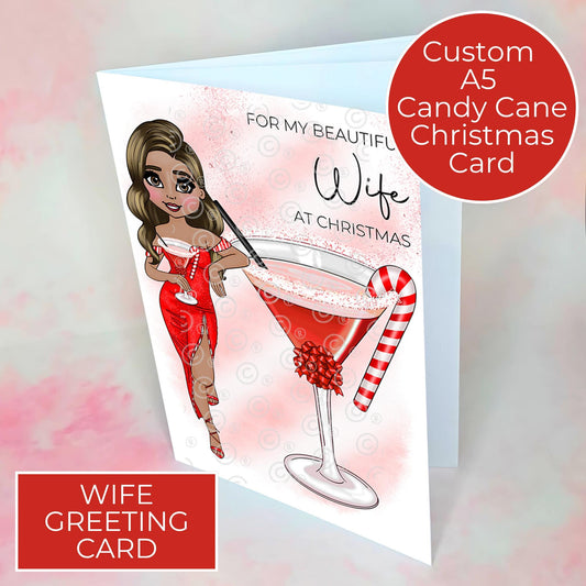 Personalised Candy Cane Cocktail Christmas Card For Beautiful Wife, Christmas Card From Husband, Luxury Cocktail Card With Custom Character #CC