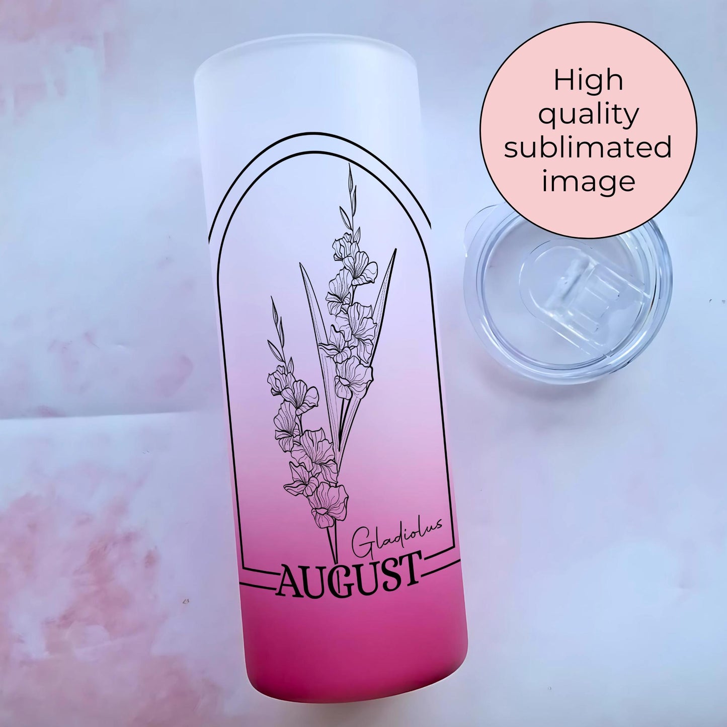 20oz Ombre August Birth Flower Tumbler, Gladiolus 20oz Ombre Glass Cup with Monochrome Line Art Floral Design, Personalised Birthday Gift #BF