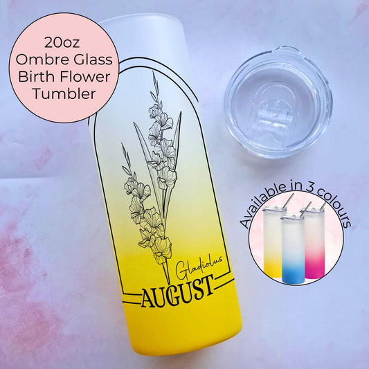 20oz Ombre August Birth Flower Tumbler, Gladiolus 20oz Ombre Glass Cup with Monochrome Line Art Floral Design, Personalised Birthday Gift #BF