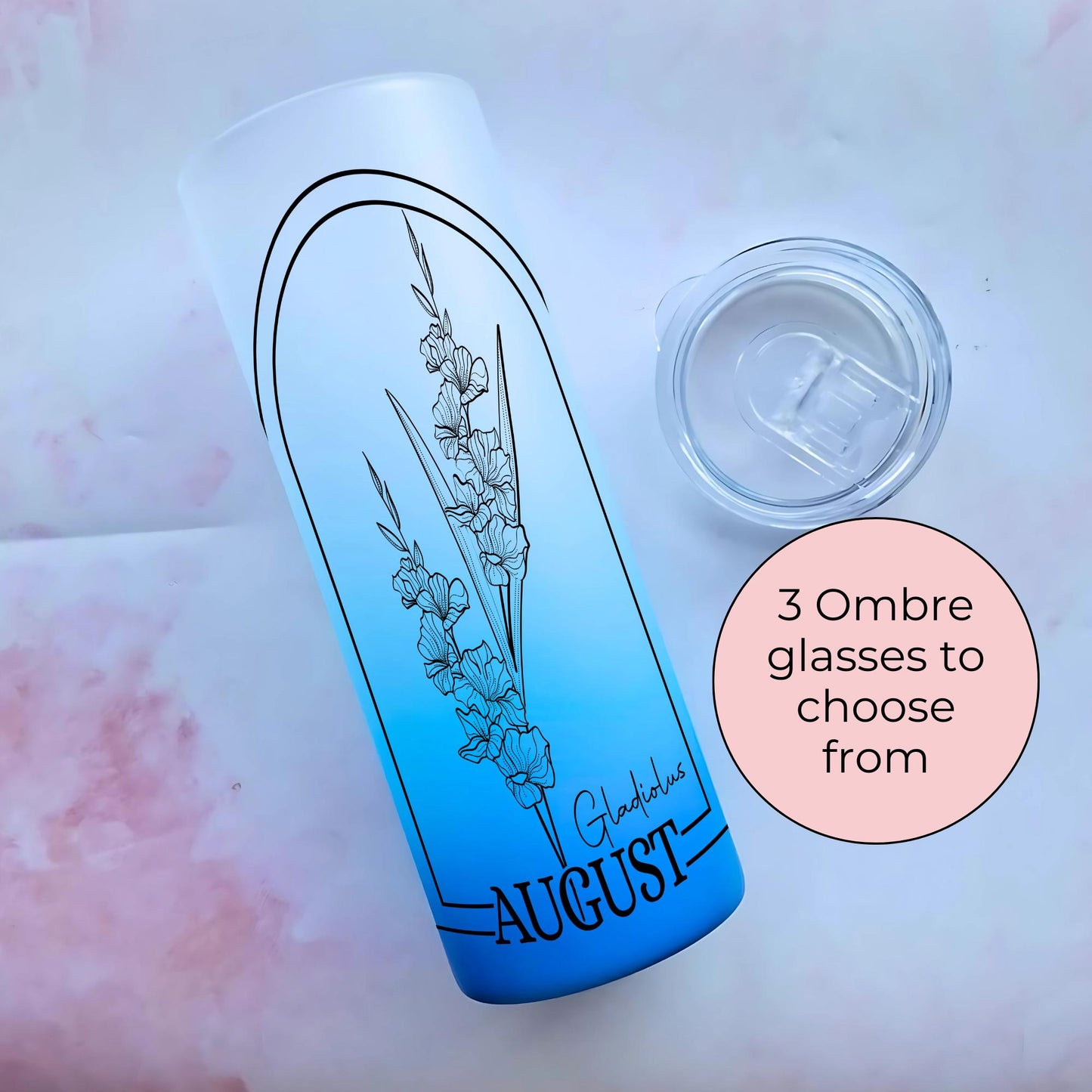 20oz Ombre August Birth Flower Tumbler, Gladiolus 20oz Ombre Glass Cup with Monochrome Line Art Floral Design, Personalised Birthday Gift #BF