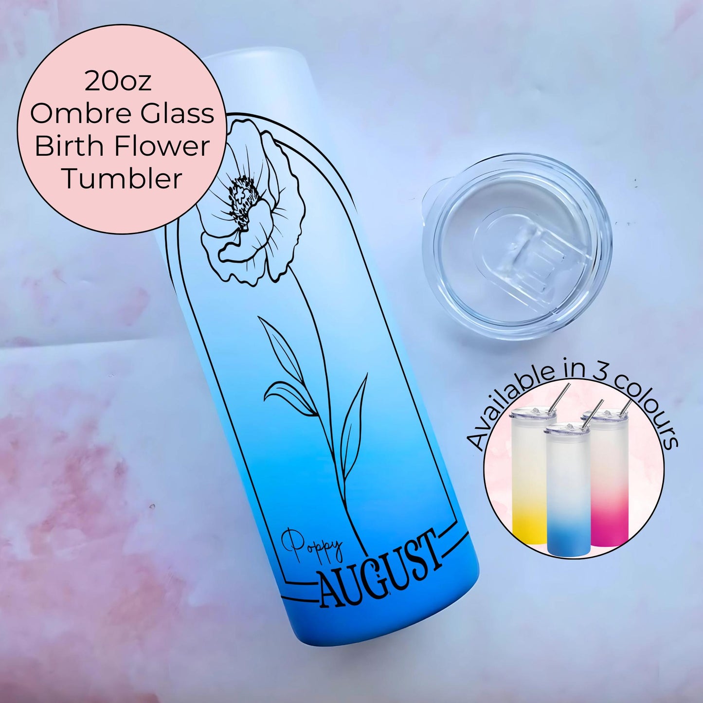 20oz Ombre August Poppy Birth Flower Tumbler, Pink Yellow Blue Zodiac Ombre Floral Tumbler For Her Christmas Birthday Gift, Hot Cold Tumlber #BF