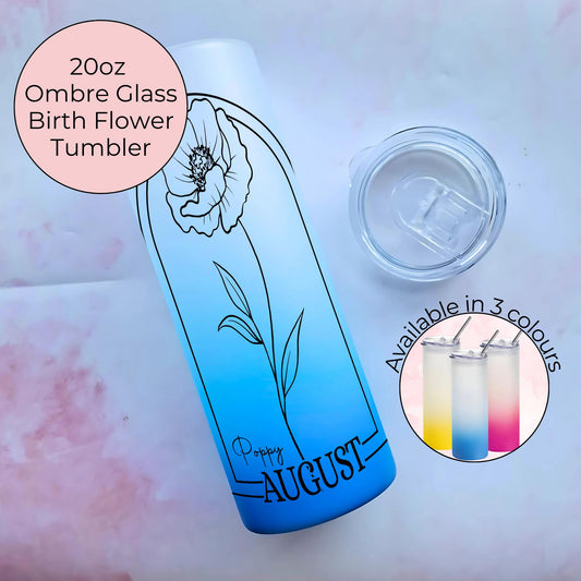 20oz Ombre August Poppy Birth Flower Tumbler, Pink Yellow Blue Zodiac Ombre Floral Tumbler For Her Christmas Birthday Gift, Hot Cold Tumlber #BF