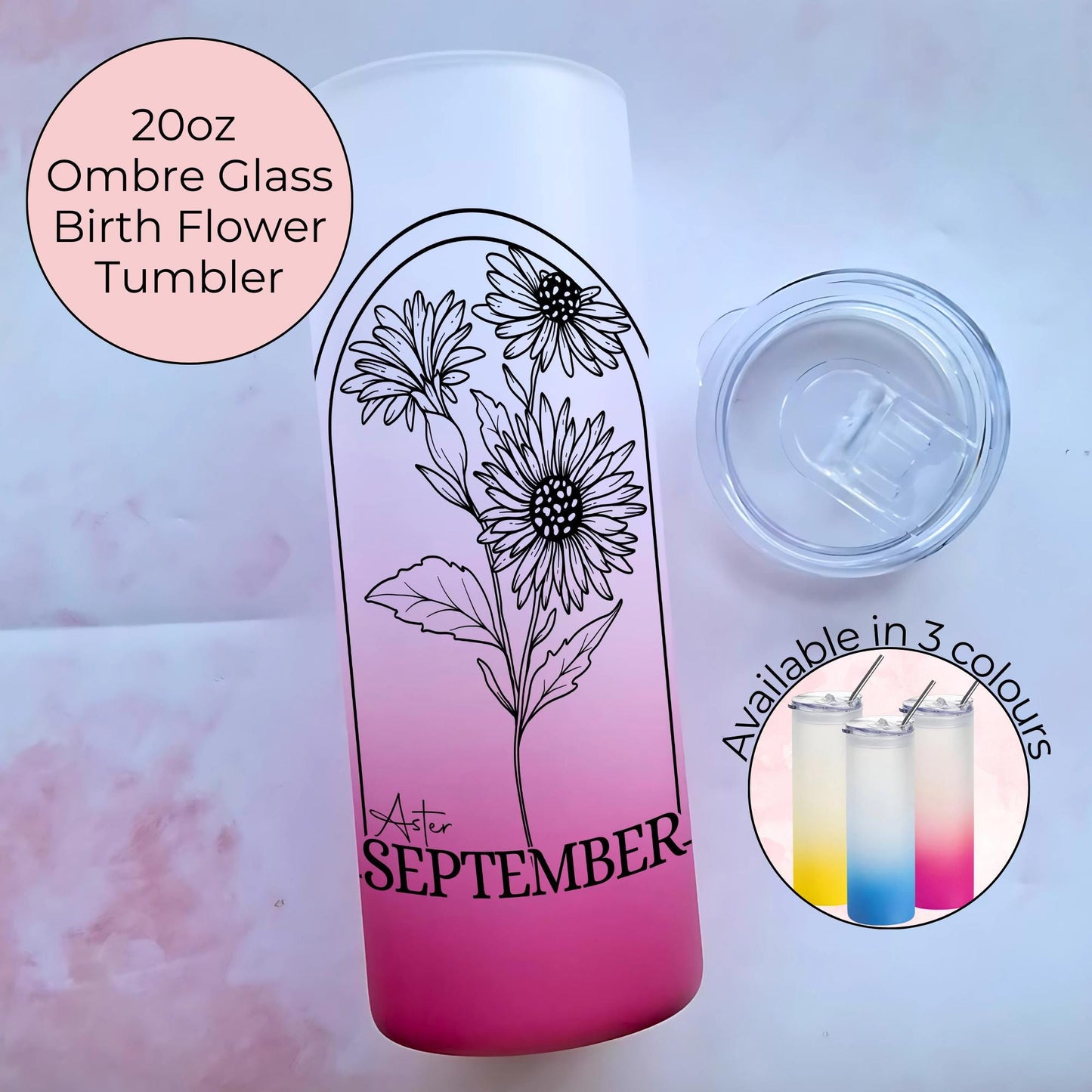 20oz Ombre September Aster Birth Flower Tumbler, Aster Ombre Glass Cup with Monochrome Line Art Floral Design, Personalised Birthday Gift #BF