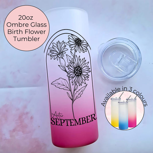 20oz Ombre September Aster Birth Flower Tumbler, Aster Ombre Glass Cup with Monochrome Line Art Floral Design, Personalised Birthday Gift #BF