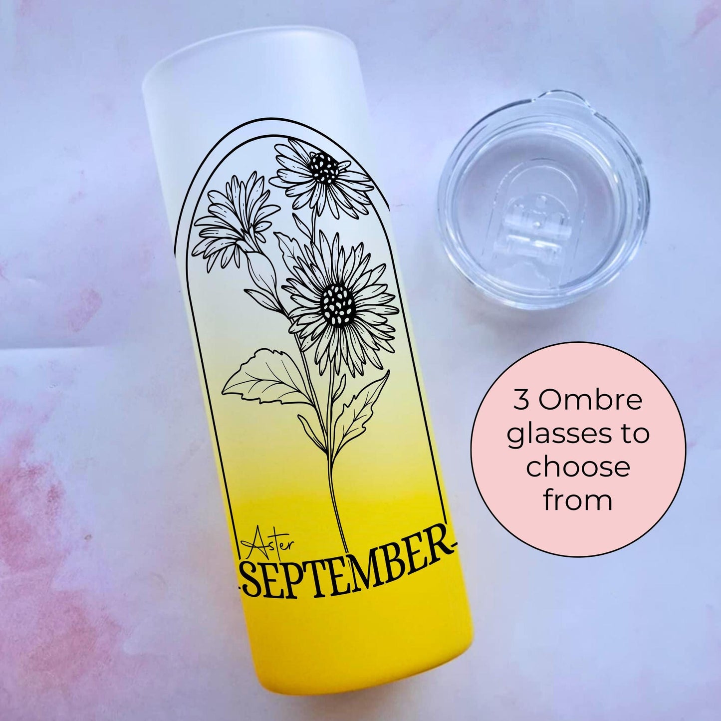 20oz Ombre September Aster Birth Flower Tumbler, Aster Ombre Glass Cup with Monochrome Line Art Floral Design, Personalised Birthday Gift #BF