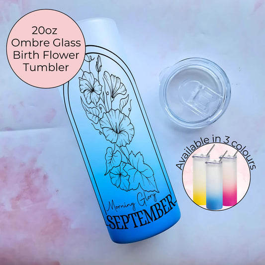 20oz Ombre September Morning Glory Birth Flower Tumbler, Monochrome Line Art Floral Tumbler Design, Gift Her Her Birthday Or Chirstmas #BF