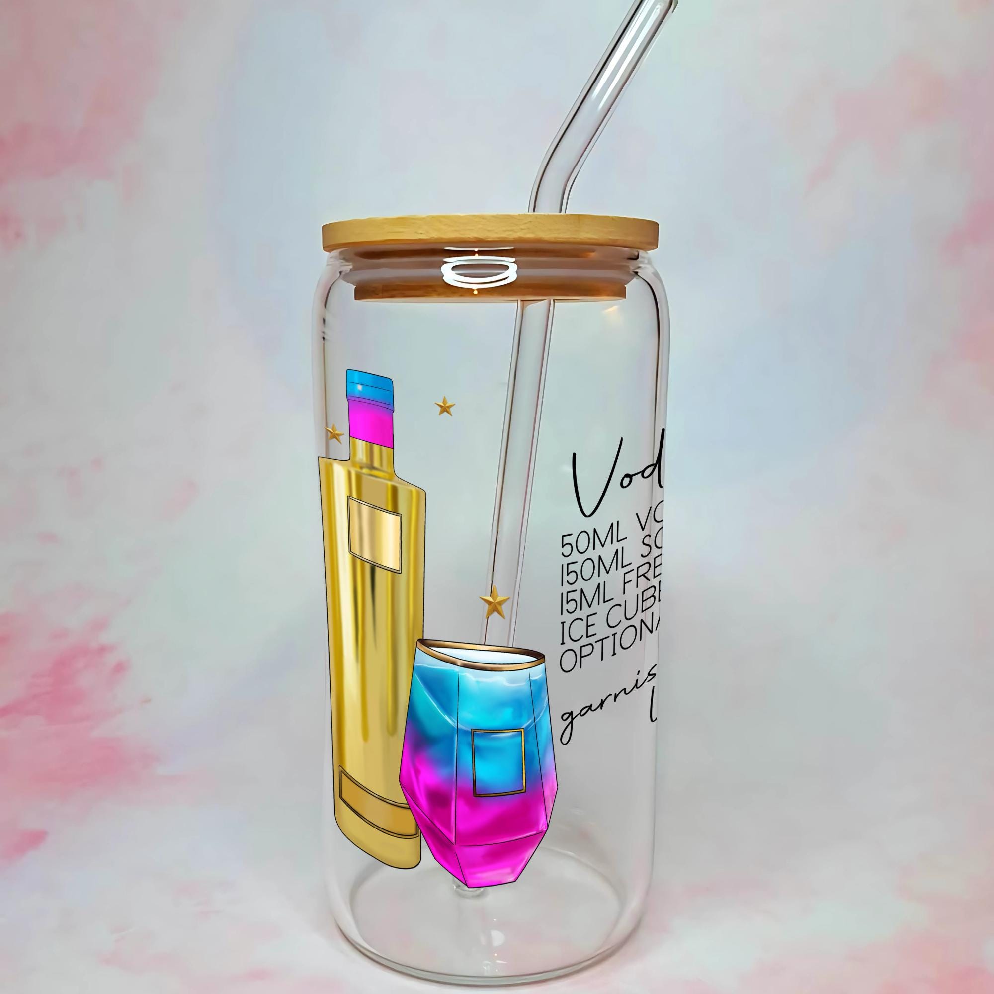 16oz Vodka Girl Cocktail Recipe Glass – Clear Tumbler with Bamboo Lid #CL