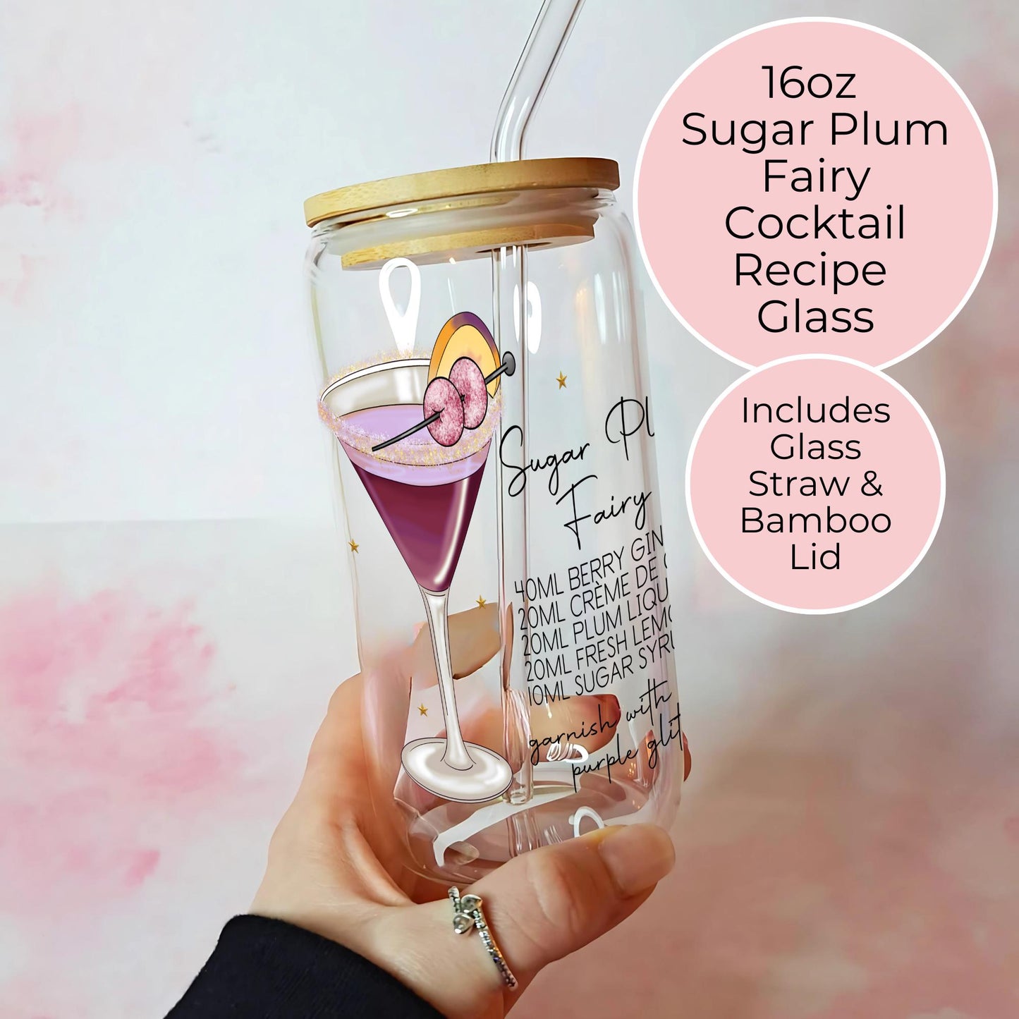 Sugar Plum Fairy 16oz  ocktail Glass, UV DTF Recipe, Bamboo Lid And Glass Straw #CL