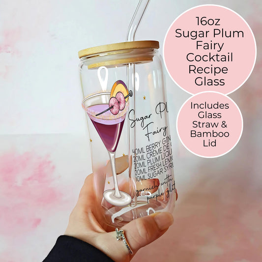 Sugar Plum Fairy 16oz  ocktail Glass, UV DTF Recipe, Bamboo Lid And Glass Straw #CL