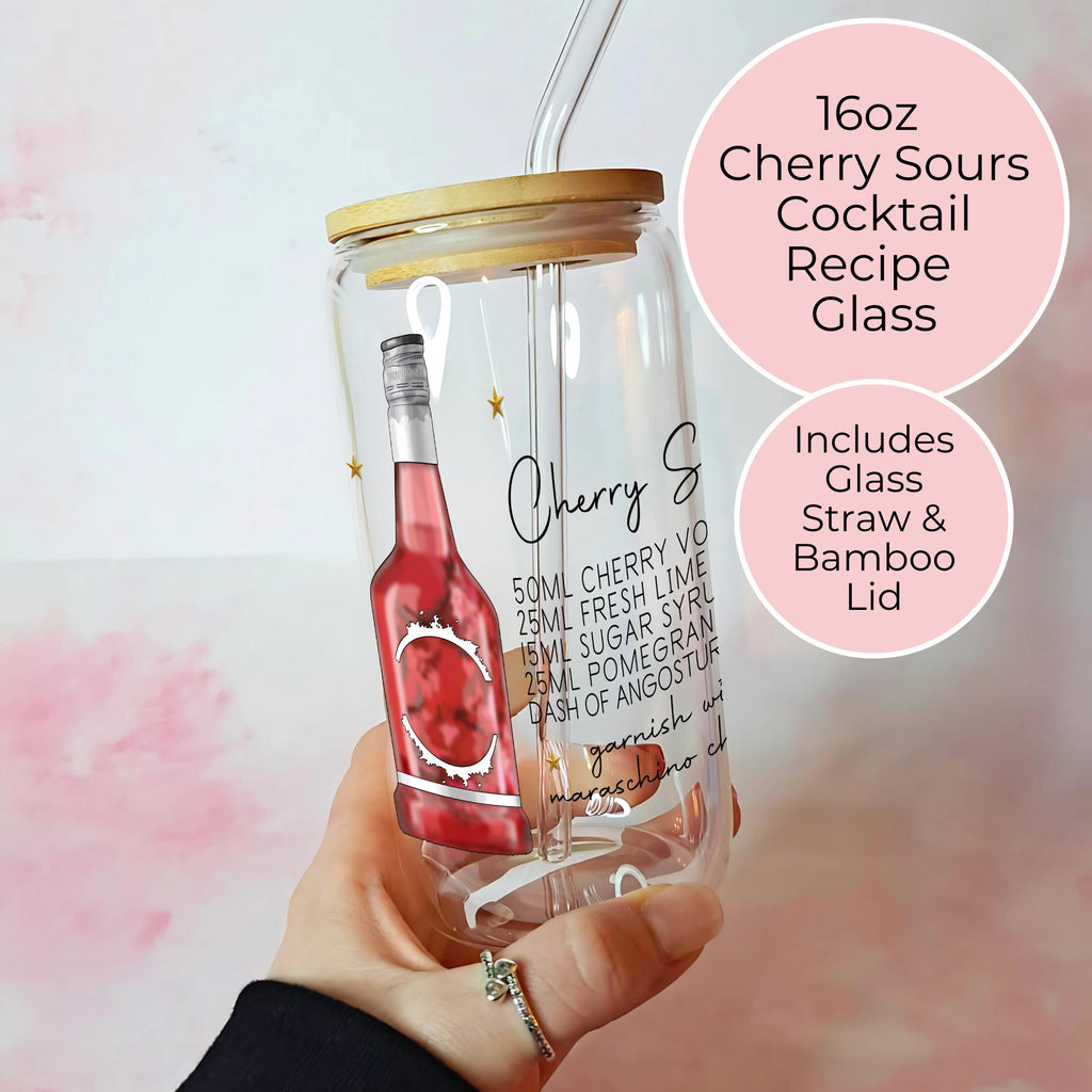 16oz Cherry Sours Cocktail Recipe Glass – Clear Tumbler with Bamboo Lid #CL
