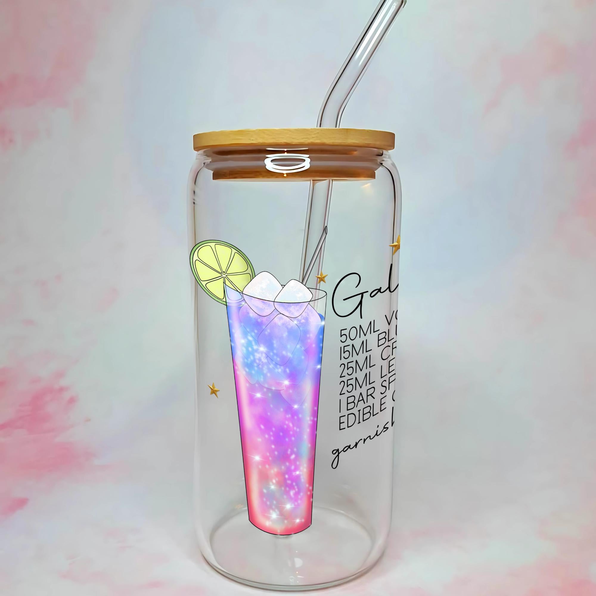 16oz Galaxy Vodka Cocktail Recipe Glass – Clear Tumbler with Bamboo Lid #CL