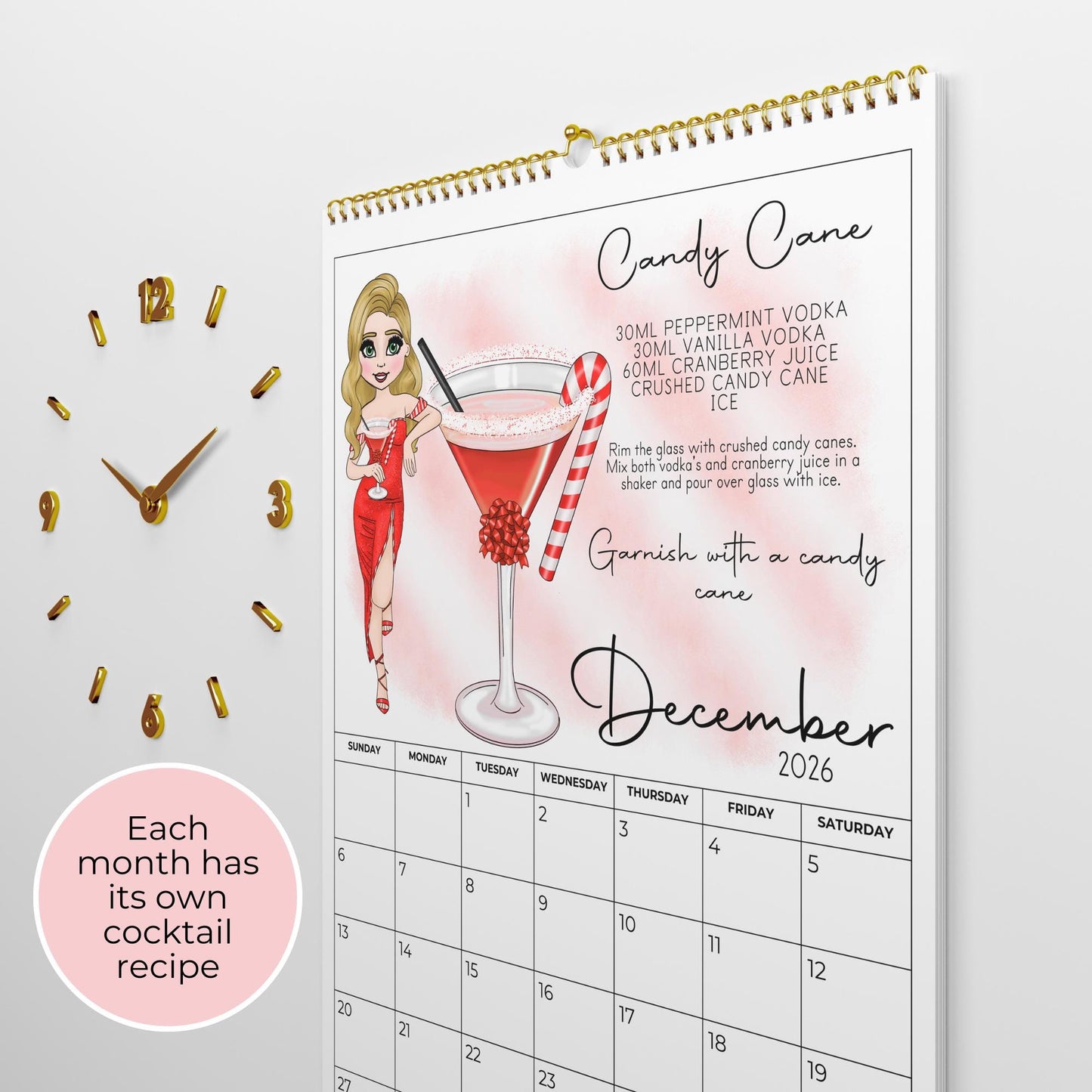 2026 Cocktail Girl A4 Wall Calendar, Custom Illustrated Cocktail Recipes Calendar, Unique Gift For Cocktail Lovers, Kitchen Wall Home Décor