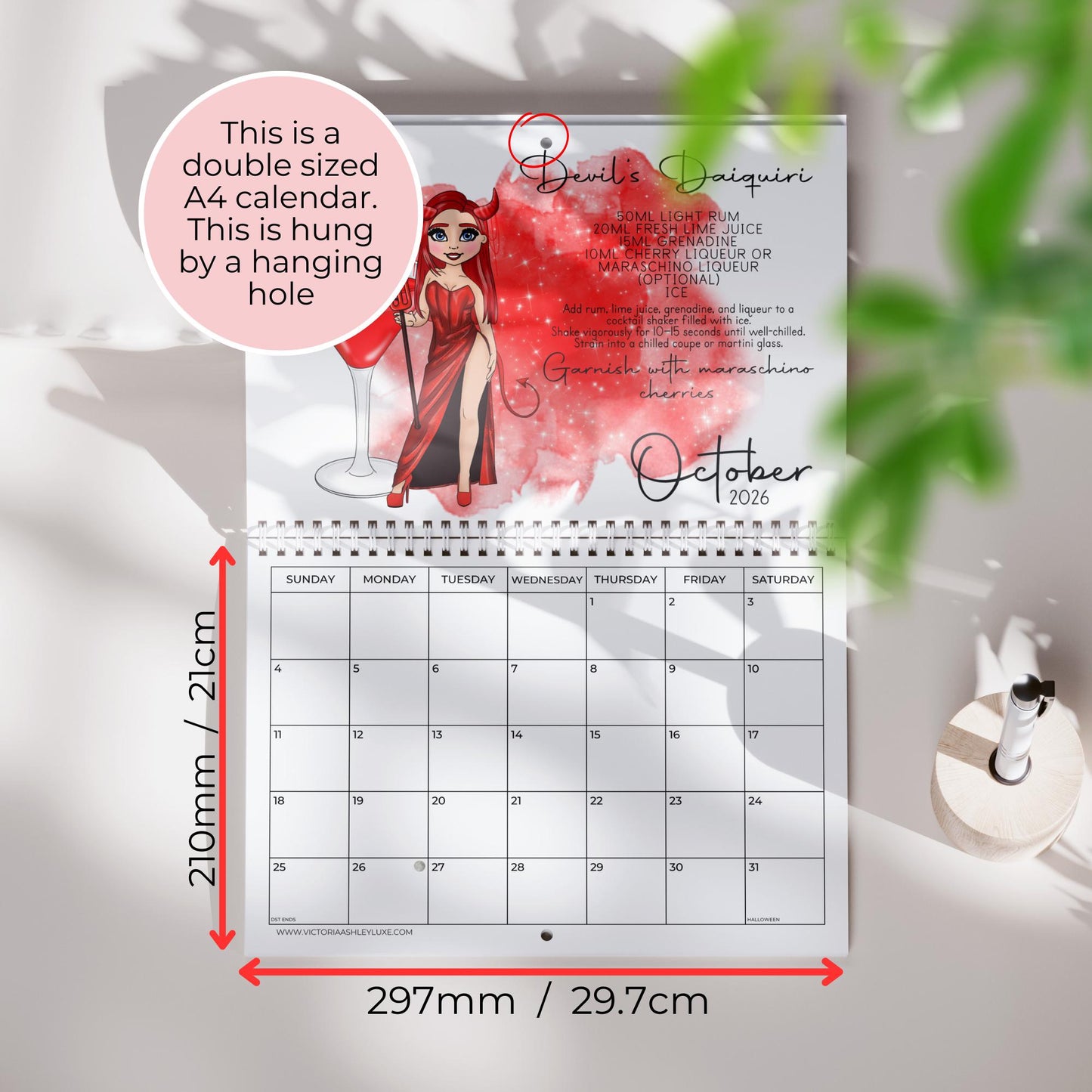 2026 Horizontal A4 Cocktail Girl Wall Calendar with Scottish Holidays, Illustrated Cocktail Recipes, Unique Kitchen Wall Home Décor Gift