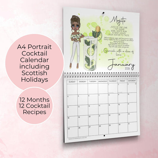 2026 Horizontal A4 Cocktail Girl Wall Calendar with Scottish Holidays, Illustrated Cocktail Recipes, Unique Kitchen Wall Home Décor Gift