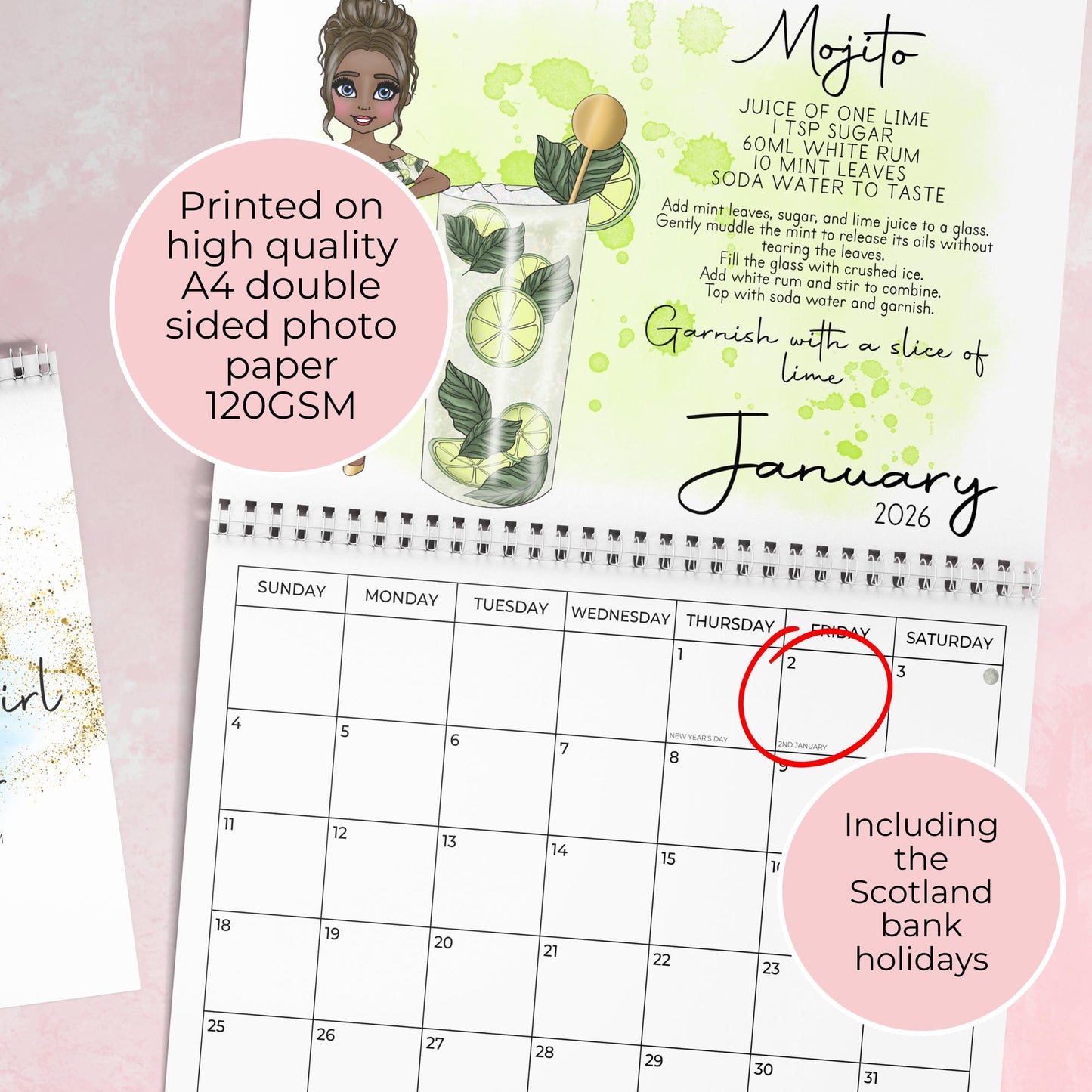 2026 Horizontal A4 Cocktail Girl Wall Calendar with Scottish Holidays, Illustrated Cocktail Recipes, Unique Kitchen Wall Home Décor Gift