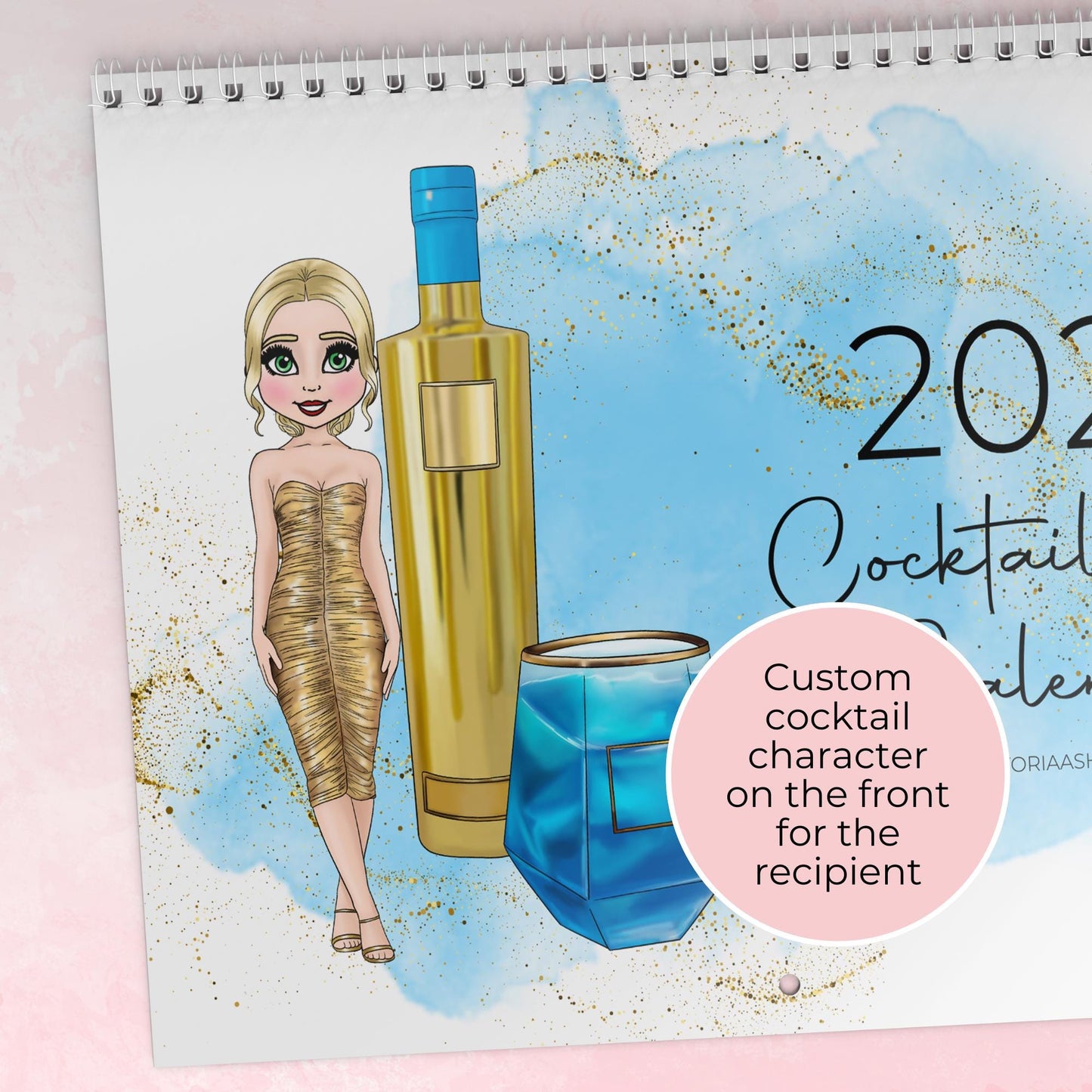2026 Horizontal A4 Cocktail Girl Wall Calendar with Scottish Holidays, Illustrated Cocktail Recipes, Unique Kitchen Wall Home Décor Gift