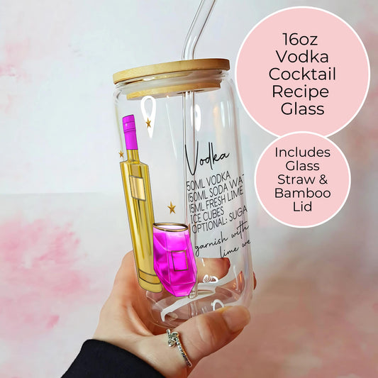 The Vodka Girl Cocktail Recipe Tumble, Pink AU Vodka Clear Glass Tumbler with Bamboo Lid #CL