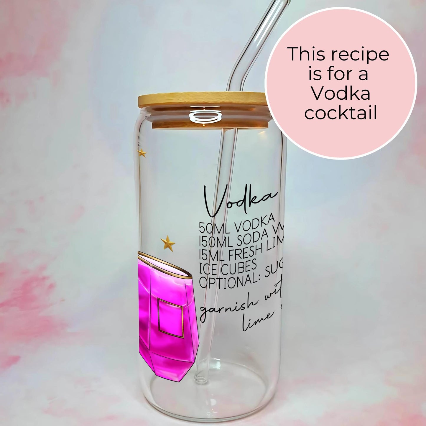 The Vodka Girl Cocktail Recipe Tumble, Pink AU Vodka Clear Glass Tumbler with Bamboo Lid #CL