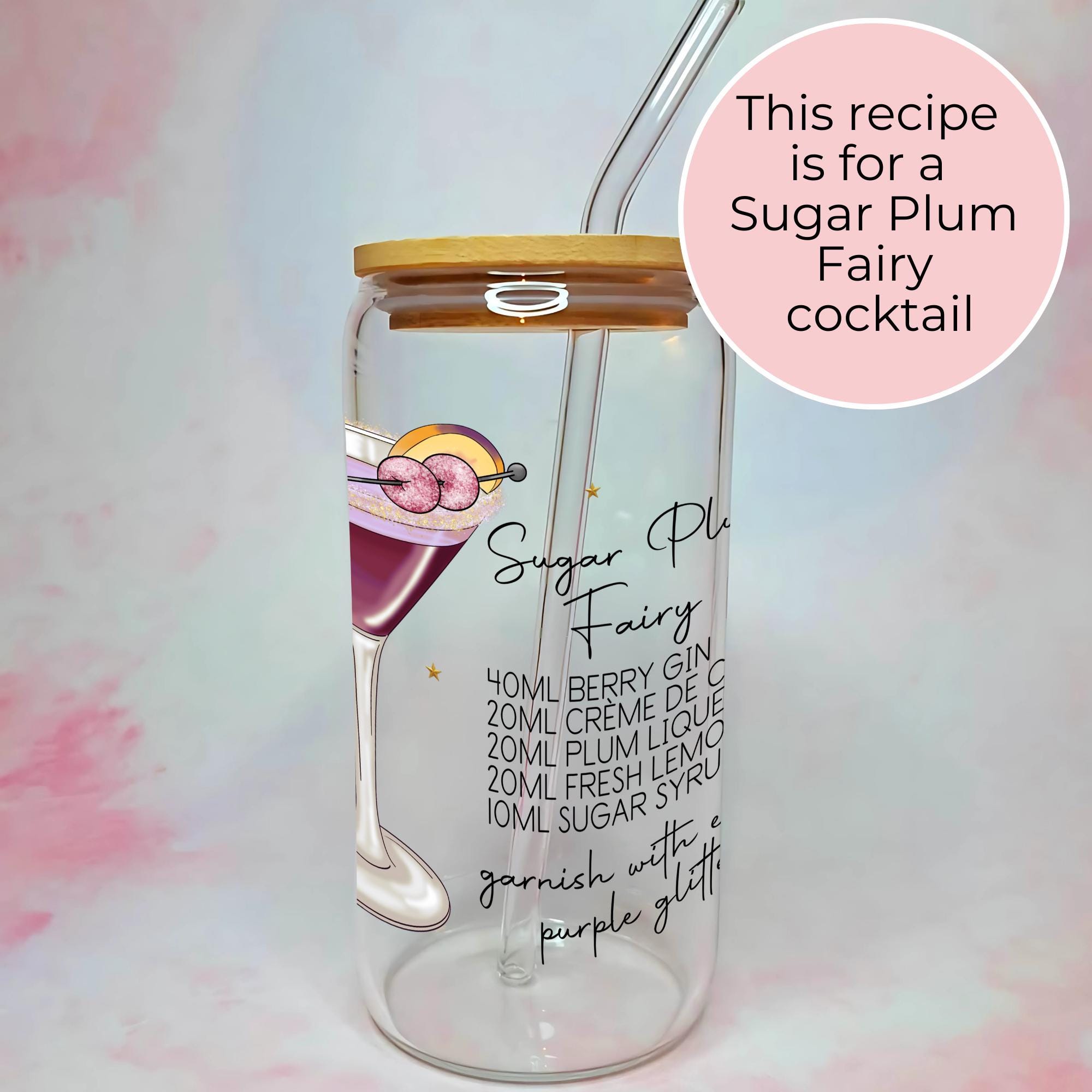 16oz Sugar Plum Fairy Cocktail Recipe Glass – Clear Tumbler with Bamboo Lid #CL