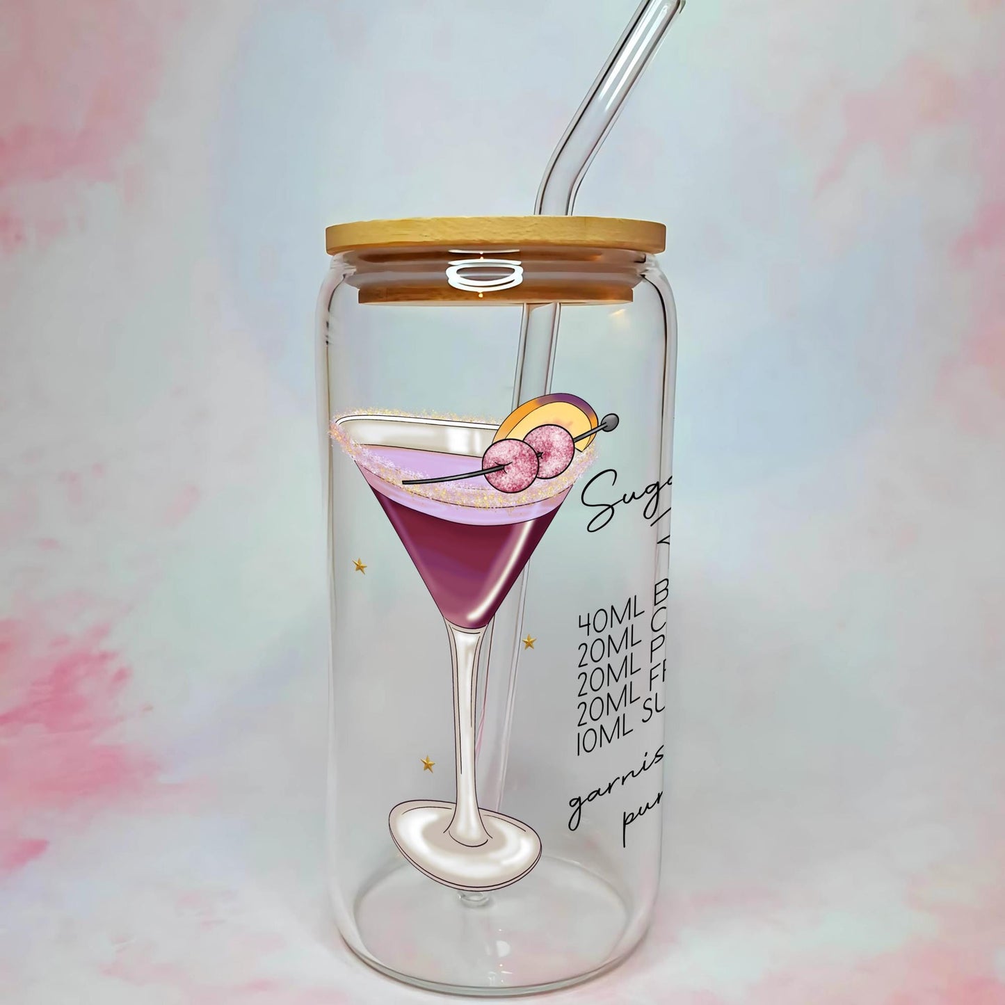 Sugar Plum Fairy 16oz  ocktail Glass, UV DTF Recipe, Bamboo Lid And Glass Straw #CL