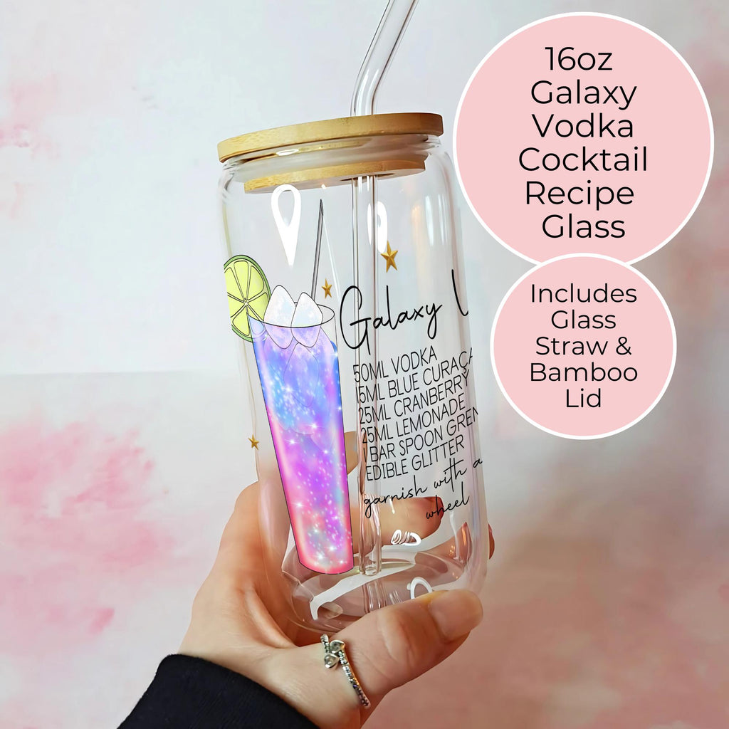 16oz Galaxy Vodka Cocktail Recipe Glass – Clear Tumbler with Bamboo Lid #CL