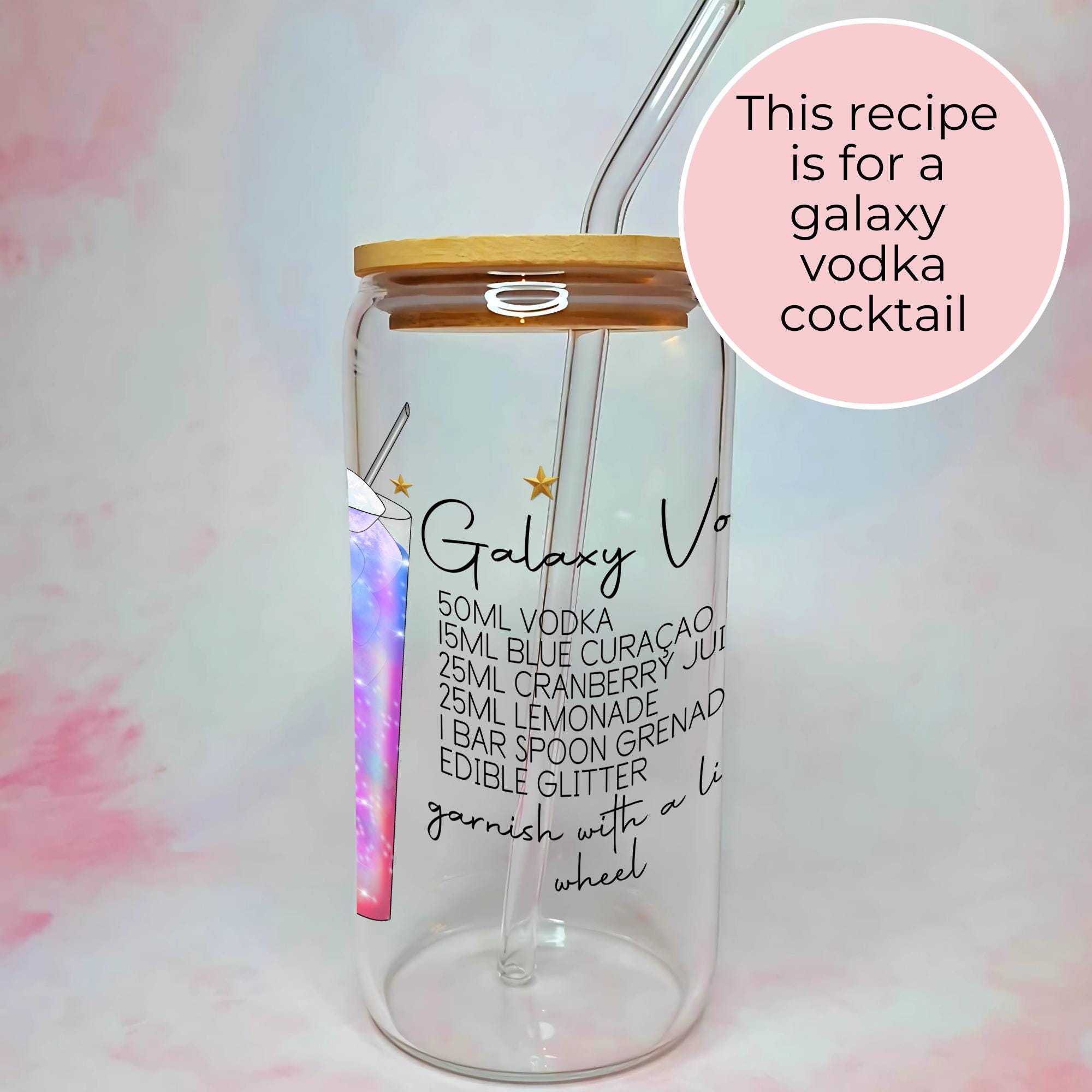 16oz Galaxy Vodka Cocktail Recipe Glass – Clear Tumbler with Bamboo Lid #CL