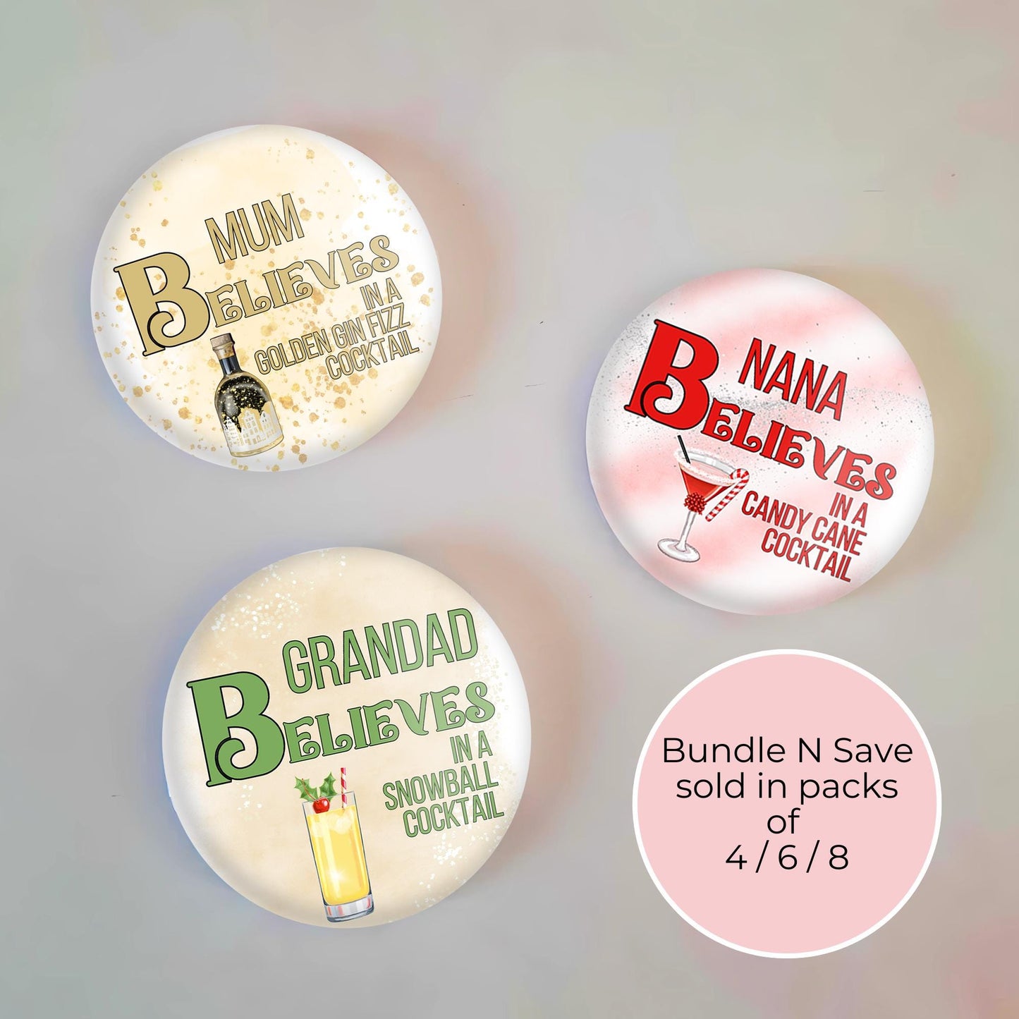 I Believe In A Golden Gin Fizz Festive Button Badge, Adult Humour Festive Christmas Badges, Personalised  Name Badge Table Place Settings #BB #CG