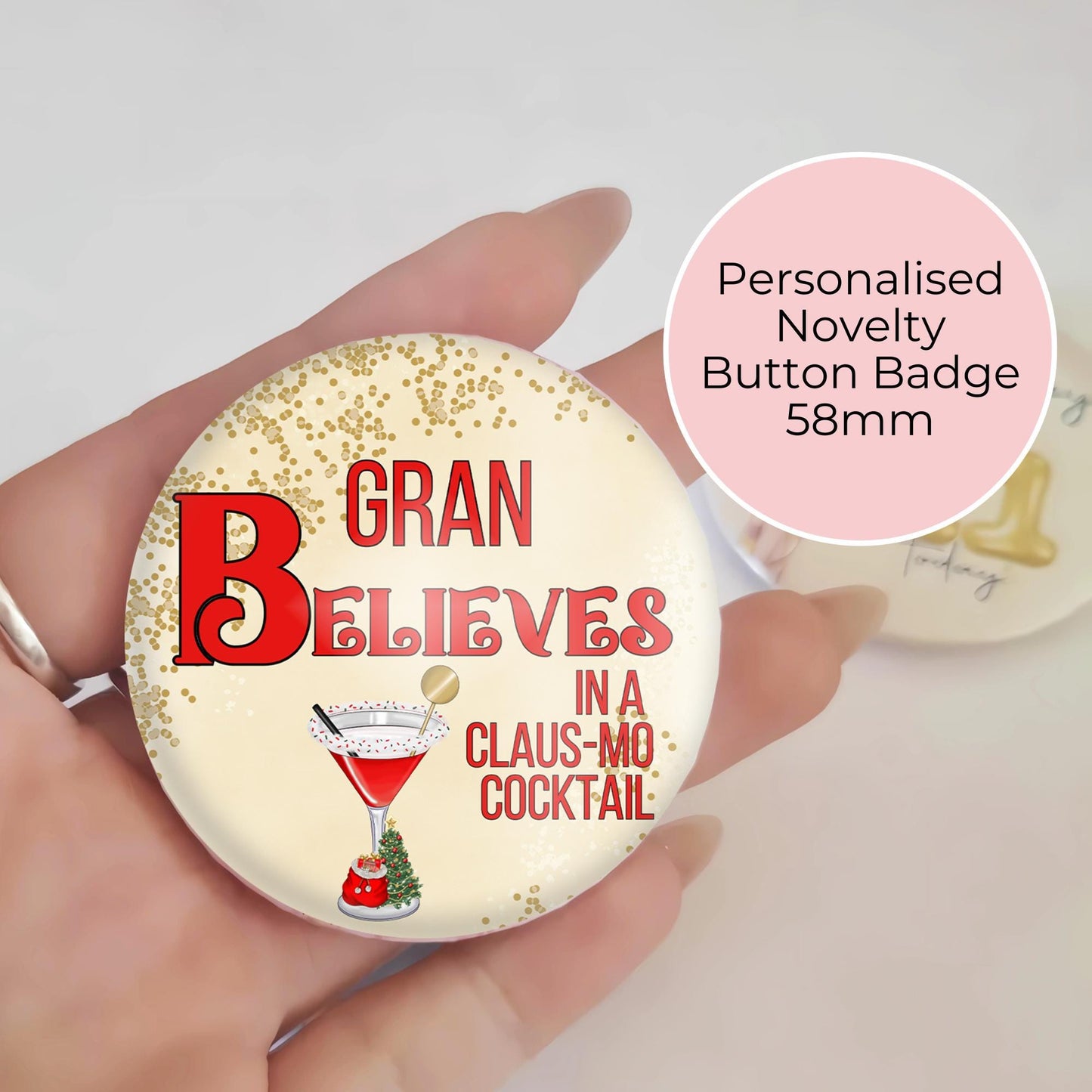 I Believe In A Clausmopolitan Cocktail Novelty Badge, Personalised Humour Christmas Cocktail Pin Button Badge For Festive Family Gatherings #BB #CG