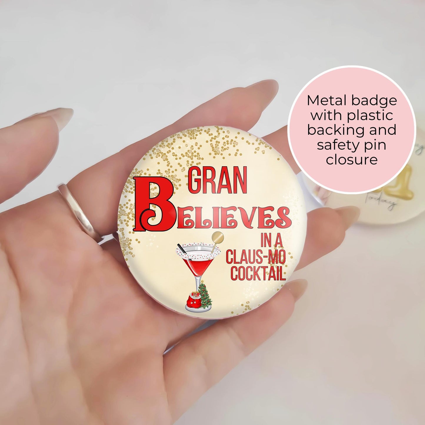 I Believe In A Clausmopolitan Cocktail Novelty Badge, Personalised Humour Christmas Cocktail Pin Button Badge For Festive Family Gatherings #BB #CG