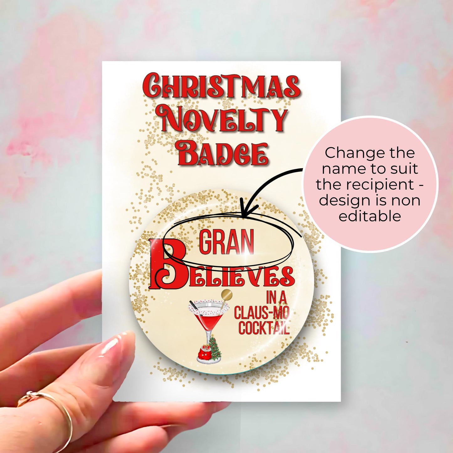 I Believe In A Clausmopolitan Cocktail Novelty Badge, Personalised Humour Christmas Cocktail Pin Button Badge For Festive Family Gatherings #BB #CG