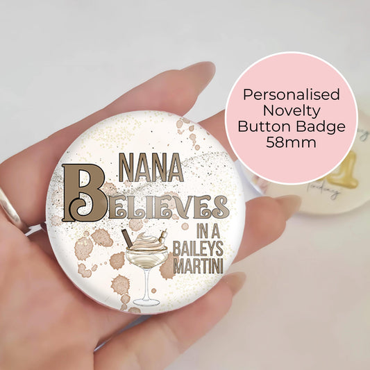 I Believe In A Baileys Martini Festive Button Badge, Adult Humour Festive Christmas Badges, Personalised  Name Badge Table Place Settings #BB #CG