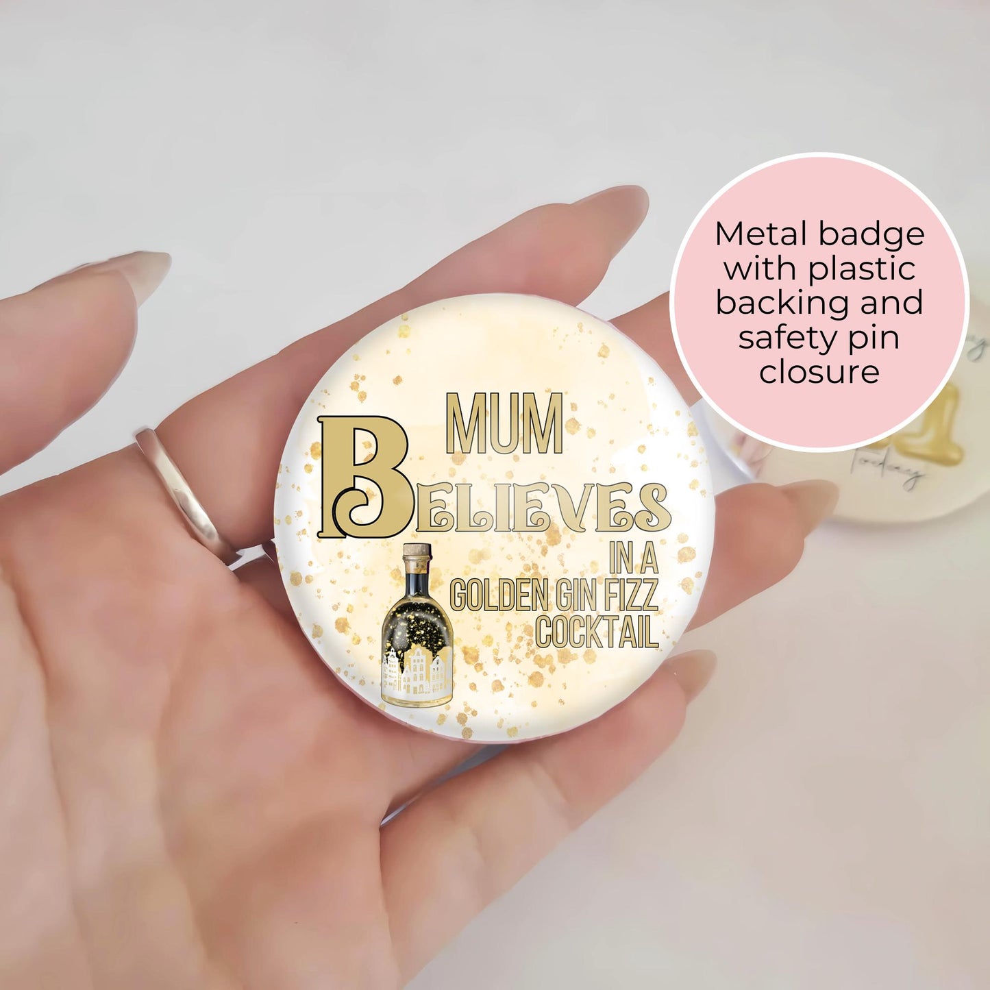I Believe In A Golden Gin Fizz Festive Button Badge, Adult Humour Festive Christmas Badges, Personalised  Name Badge Table Place Settings #BB #CG